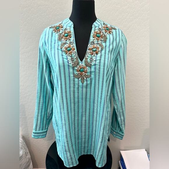 SOFT SURROUNDINGS | Turquoise Striped Embroidered Beaded Boho Tunic Top | Medium - Picture 2 of 8